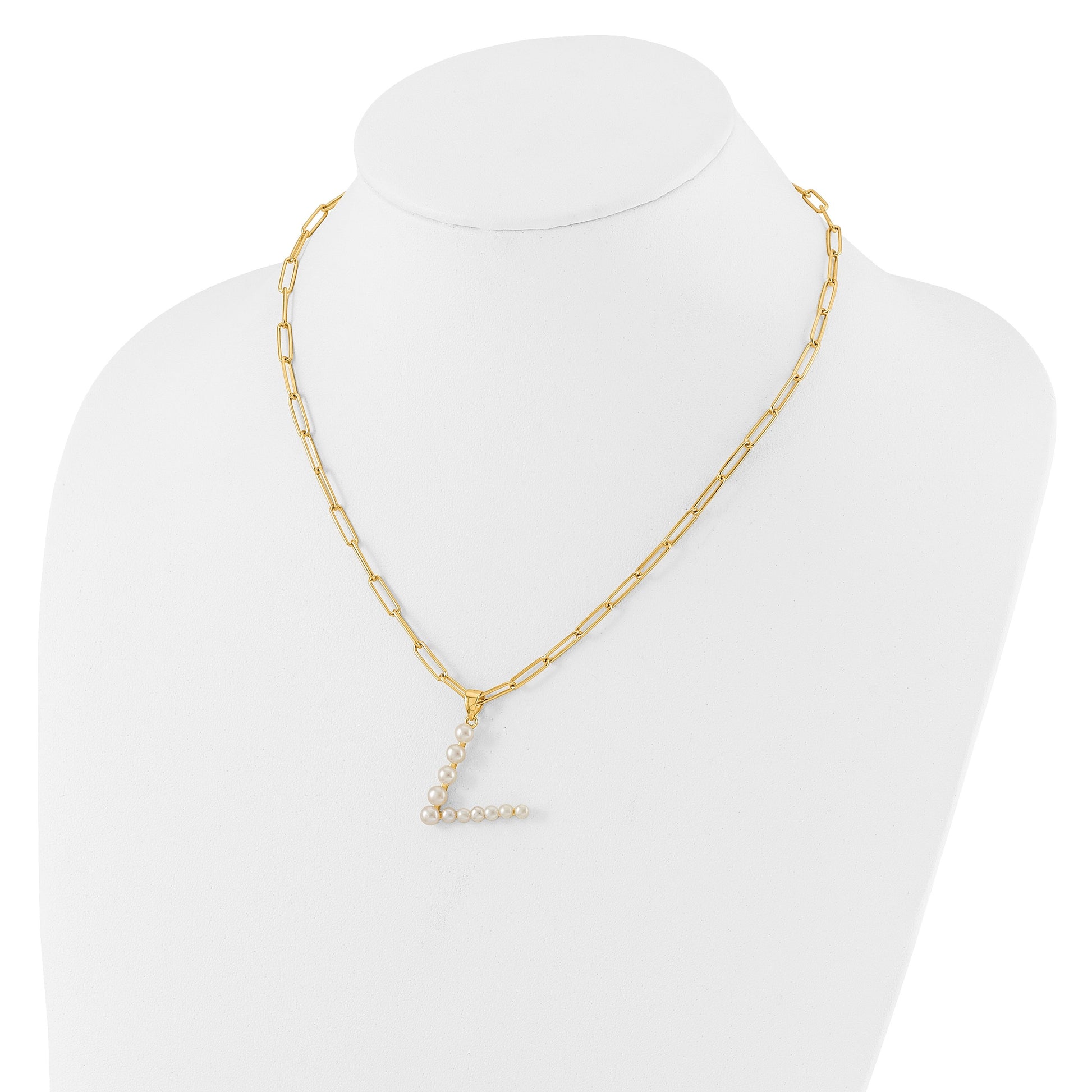Sterling Silver Gold-plated 3-5.5mm White Button Freshwater Cultured Pearl LETTER V 18 inch Necklace