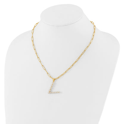 Sterling Silver Gold-plated 3-5.5mm White Button Freshwater Cultured Pearl LETTER V 18 inch Necklace
