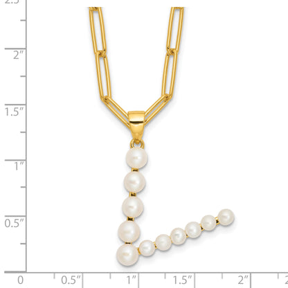 Sterling Silver Gold-plated 3-5.5mm White Button Freshwater Cultured Pearl LETTER V 18 inch Necklace