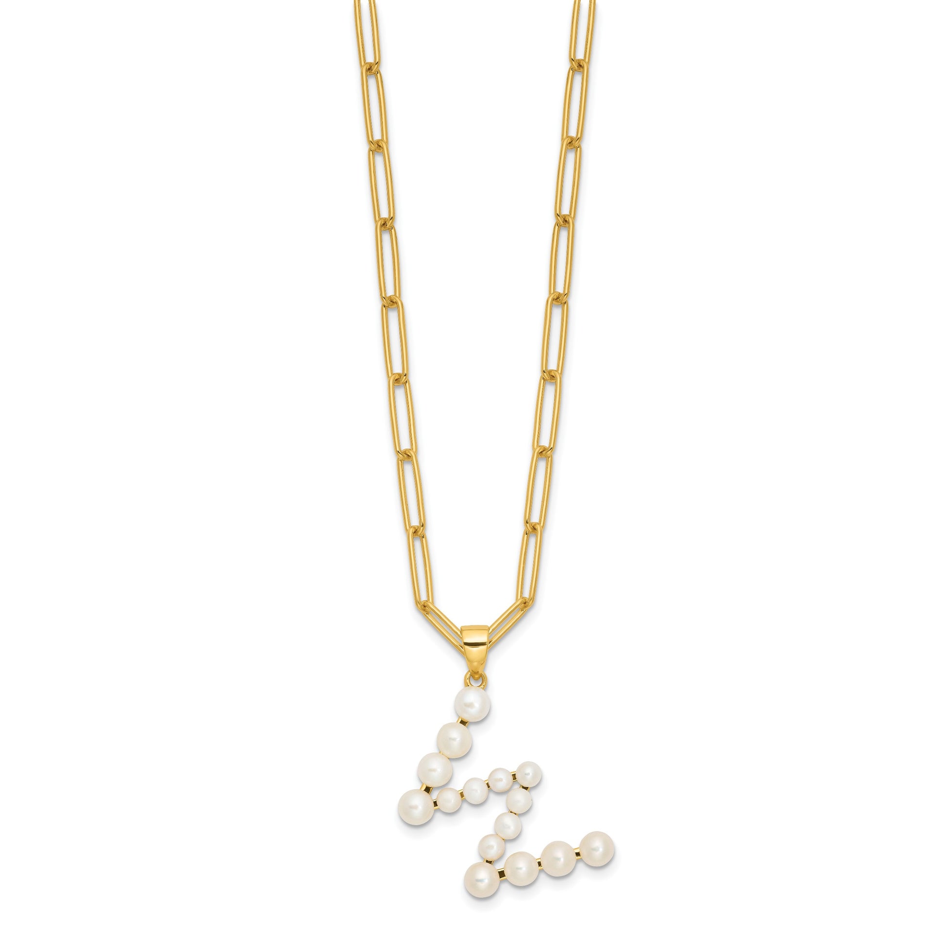 Sterling Silver Gold-plated 3-5.5mm White Button Freshwater Cultured Pearl LETTER W 18 inch Necklace