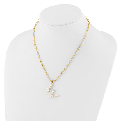 Sterling Silver Gold-plated 3-5.5mm White Button Freshwater Cultured Pearl LETTER W 18 inch Necklace