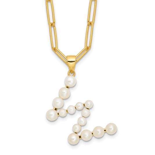 Sterling Silver Gold-plated 3-5.5mm White Button Freshwater Cultured Pearl LETTER W 18 inch Necklace