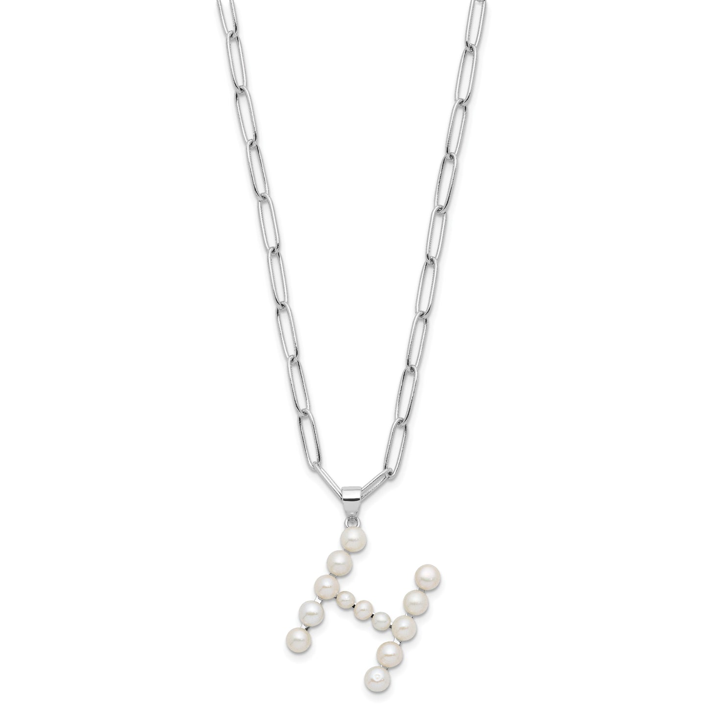 Sterling Silver Rhodium-plated 3-5.5mm White Button Freshwater Cultured Pearl LETTER H 18 inch Necklace