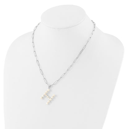 Sterling Silver Rhodium-plated 3-5.5mm White Button Freshwater Cultured Pearl LETTER H 18 inch Necklace