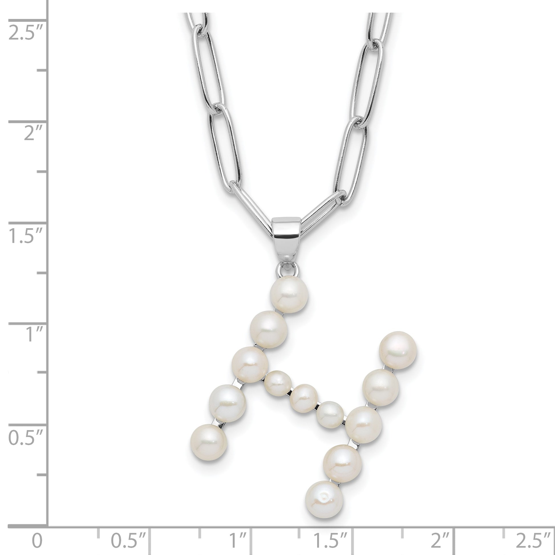 Sterling Silver Rhodium-plated 3-5.5mm White Button Freshwater Cultured Pearl LETTER H 18 inch Necklace
