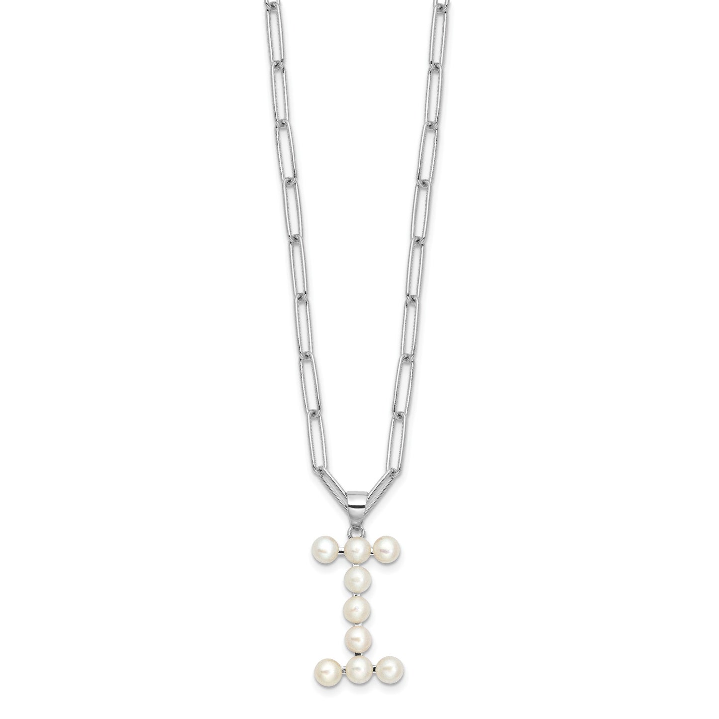 Sterling Silver Rhodium-plated 3-5.5mm White Button Freshwater Cultured Pearl LETTER I 18 inch Necklace