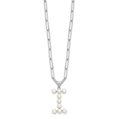 Sterling Silver Rhodium-plated 3-5.5mm White Button Freshwater Cultured Pearl LETTER I 18 inch Necklace