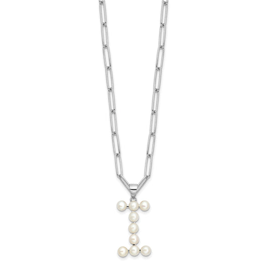 Sterling Silver Rhodium-plated 3-5.5mm White Button Freshwater Cultured Pearl LETTER I 18 inch Necklace