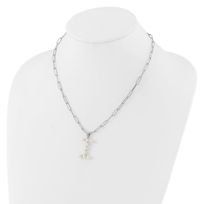Sterling Silver Rhodium-plated 3-5.5mm White Button Freshwater Cultured Pearl LETTER I 18 inch Necklace