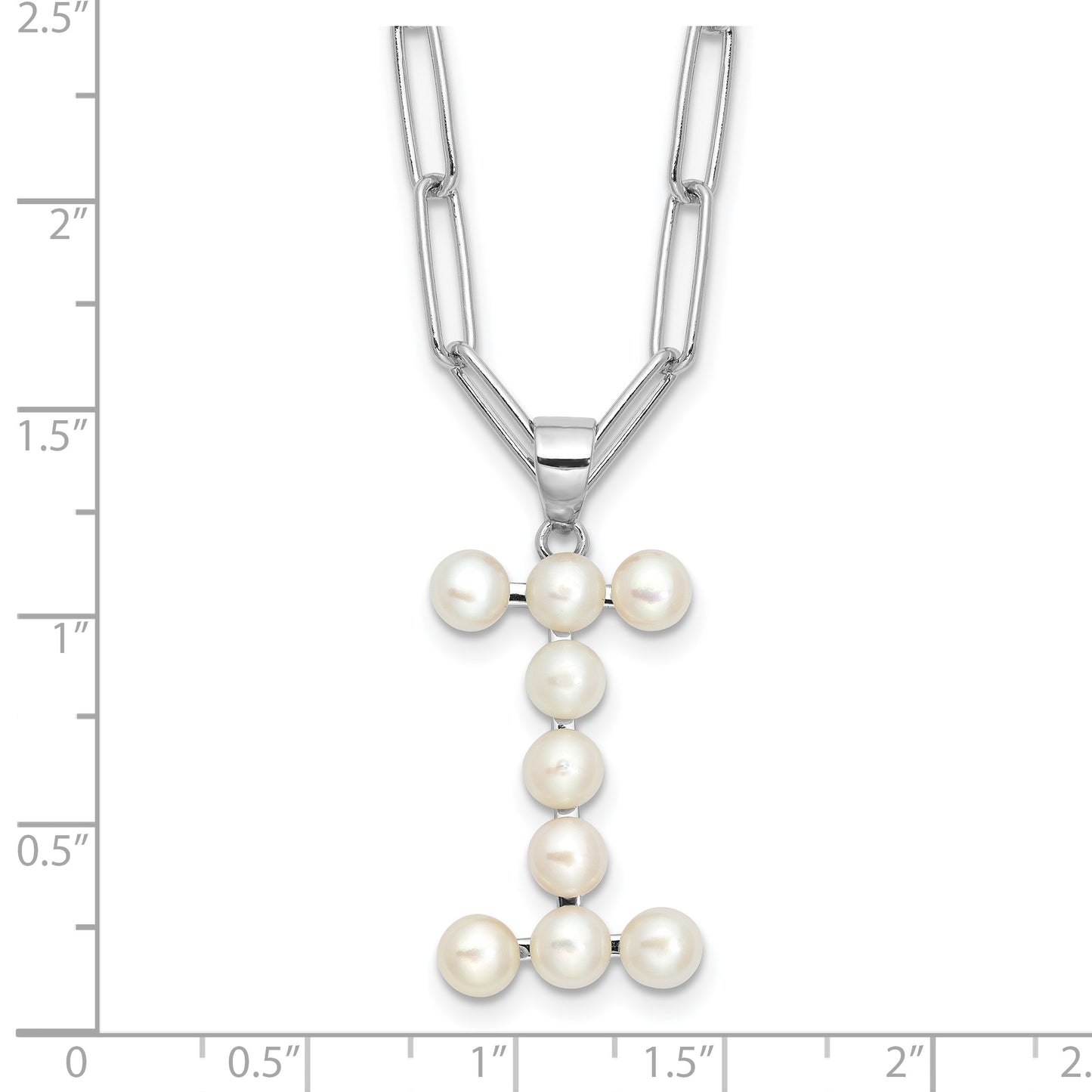 Sterling Silver Rhodium-plated 3-5.5mm White Button Freshwater Cultured Pearl LETTER I 18 inch Necklace