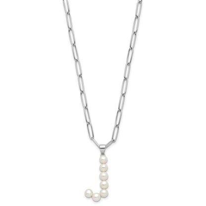 Sterling Silver Rhodium-plated 3-5.5mm White Button Freshwater Cultured Pearl LETTER J 18 inch Necklace