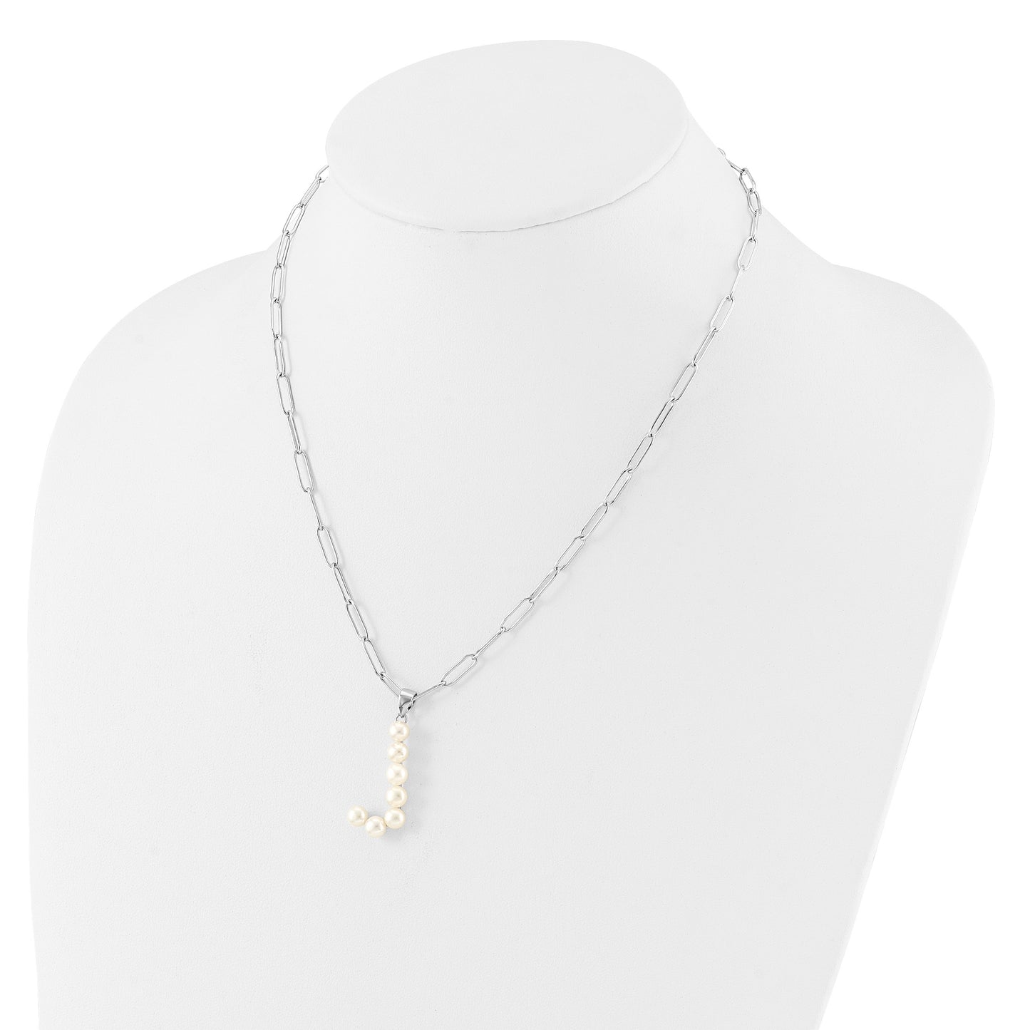 Sterling Silver Rhodium-plated 3-5.5mm White Button Freshwater Cultured Pearl LETTER J 18 inch Necklace
