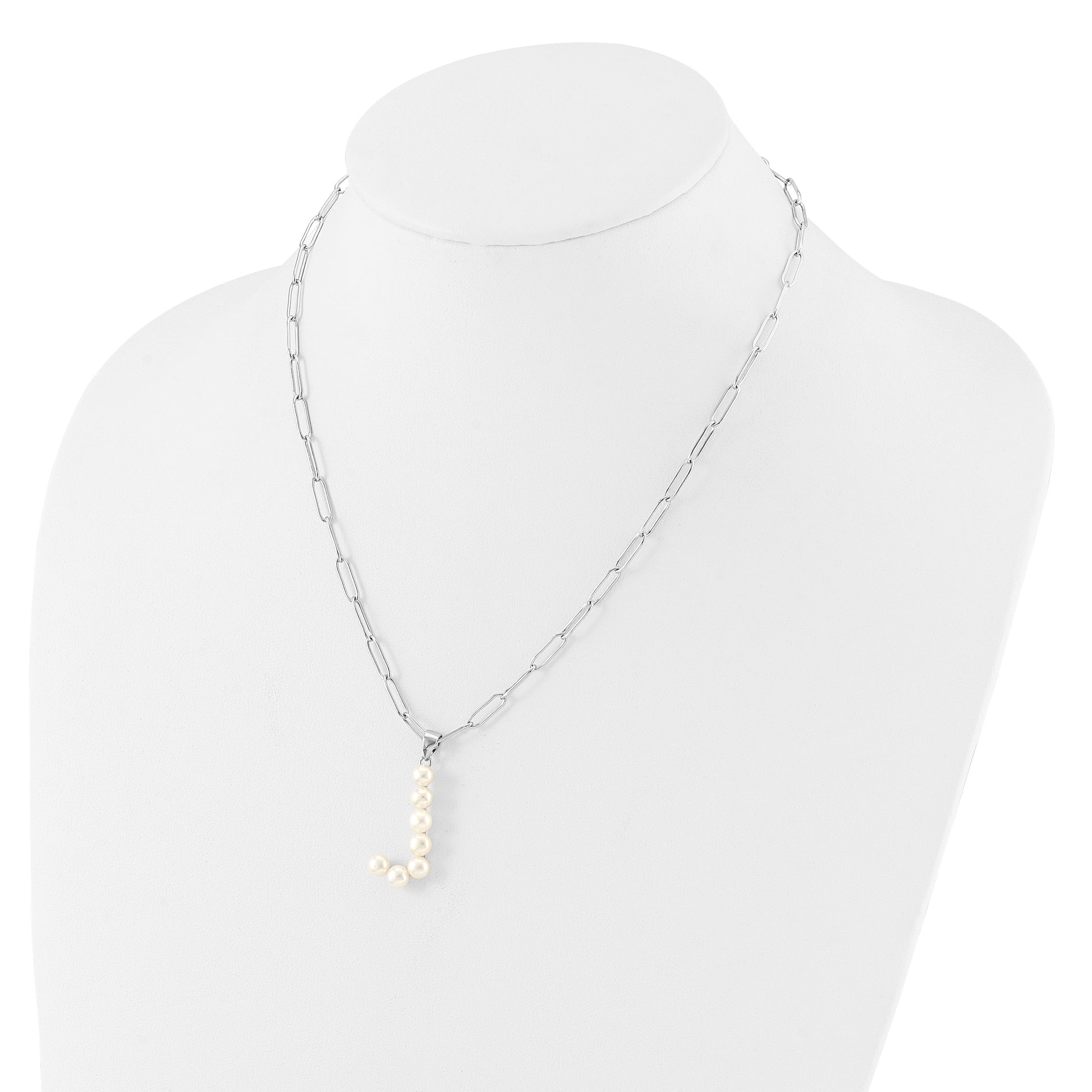 Sterling Silver Rhodium-plated 3-5.5mm White Button Freshwater Cultured Pearl LETTER J 18 inch Necklace