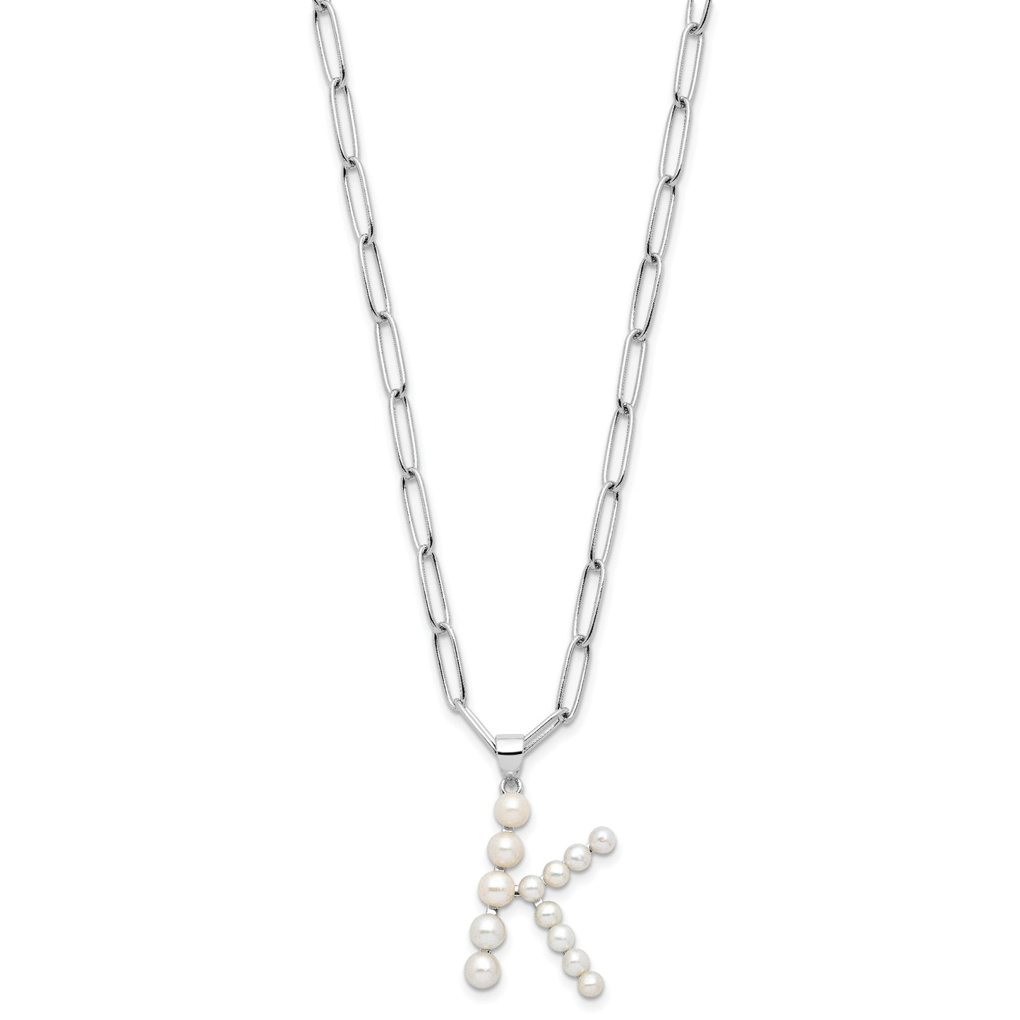 Sterling Silver Rhodium-plated 3-5.5mm White Button Freshwater Cultured Pearl LETTER K 18 inch Necklace