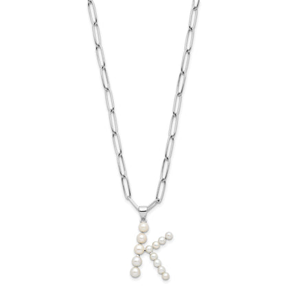Sterling Silver Rhodium-plated 3-5.5mm White Button Freshwater Cultured Pearl LETTER K 18 inch Necklace