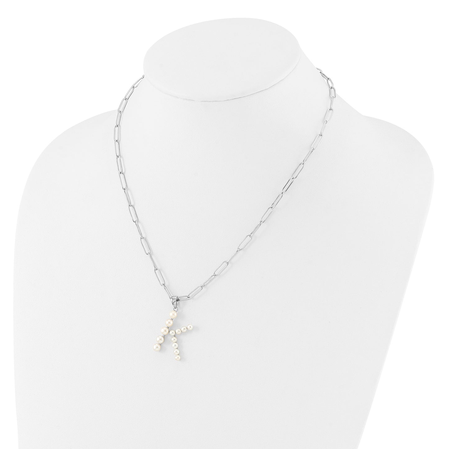 Sterling Silver Rhodium-plated 3-5.5mm White Button Freshwater Cultured Pearl LETTER K 18 inch Necklace