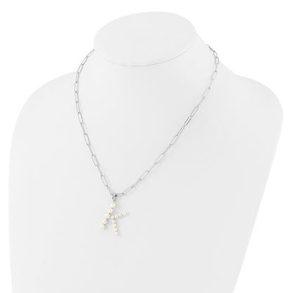 Sterling Silver Rhodium-plated 3-5.5mm White Button Freshwater Cultured Pearl LETTER K 18 inch Necklace