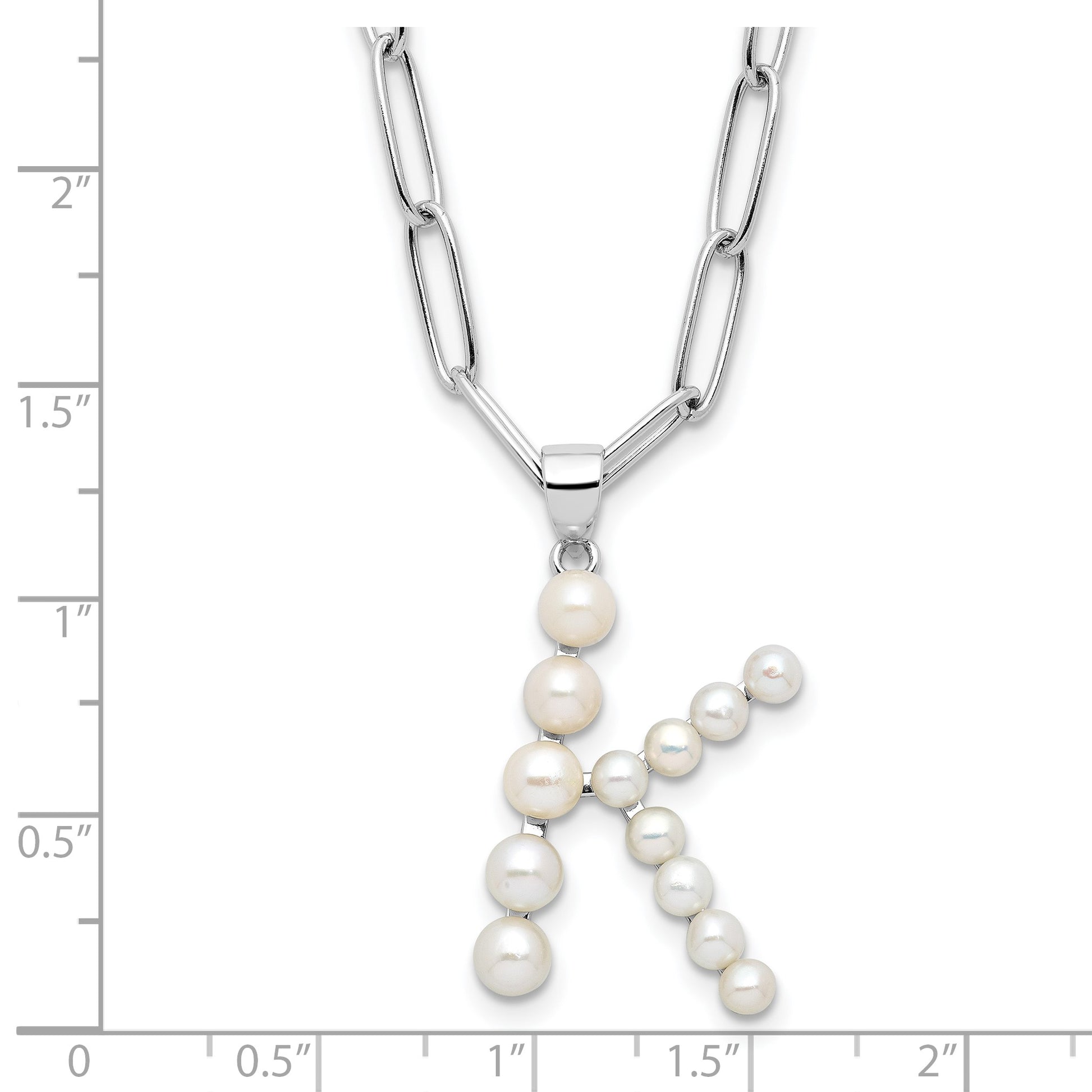 Sterling Silver Rhodium-plated 3-5.5mm White Button Freshwater Cultured Pearl LETTER K 18 inch Necklace