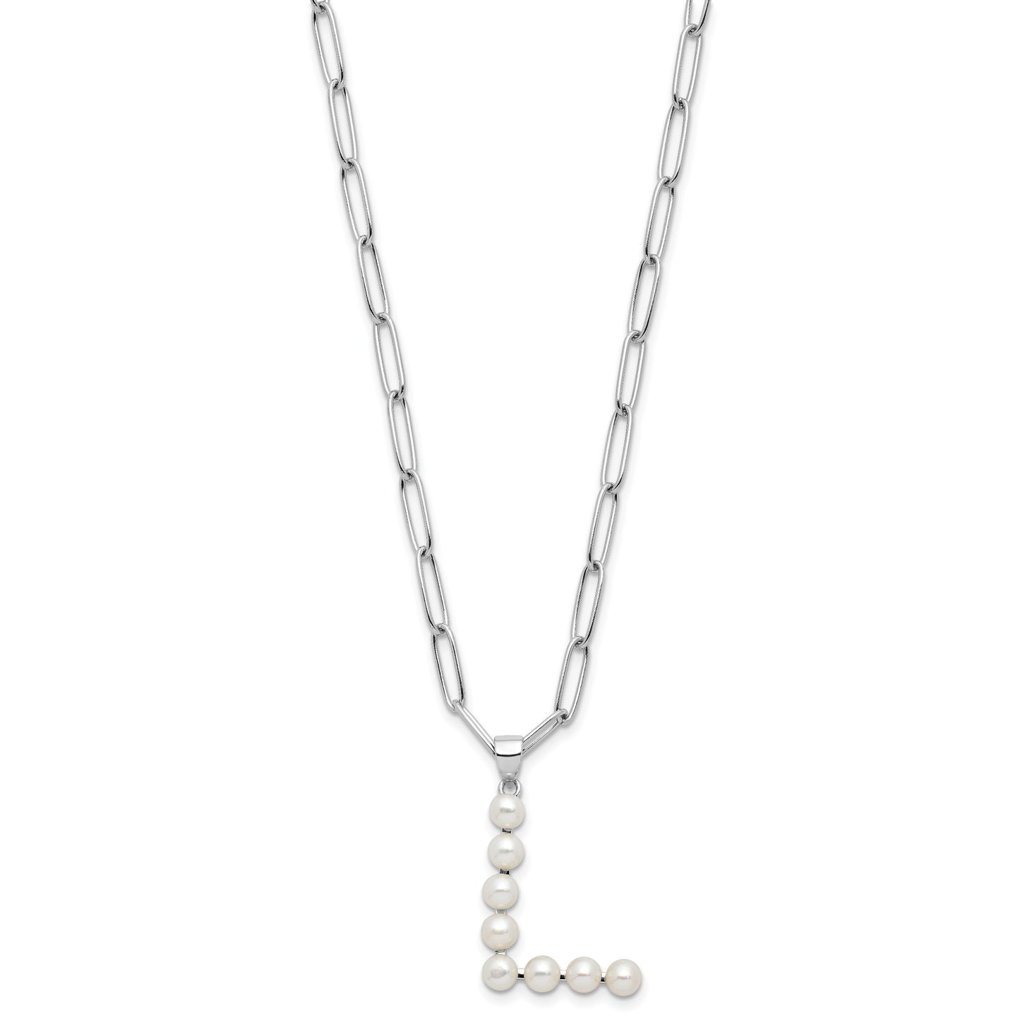 Sterling Silver Rhodium-plated 3-5.5mm White Button Freshwater Cultured Pearl LETTER L 18 inch Necklace