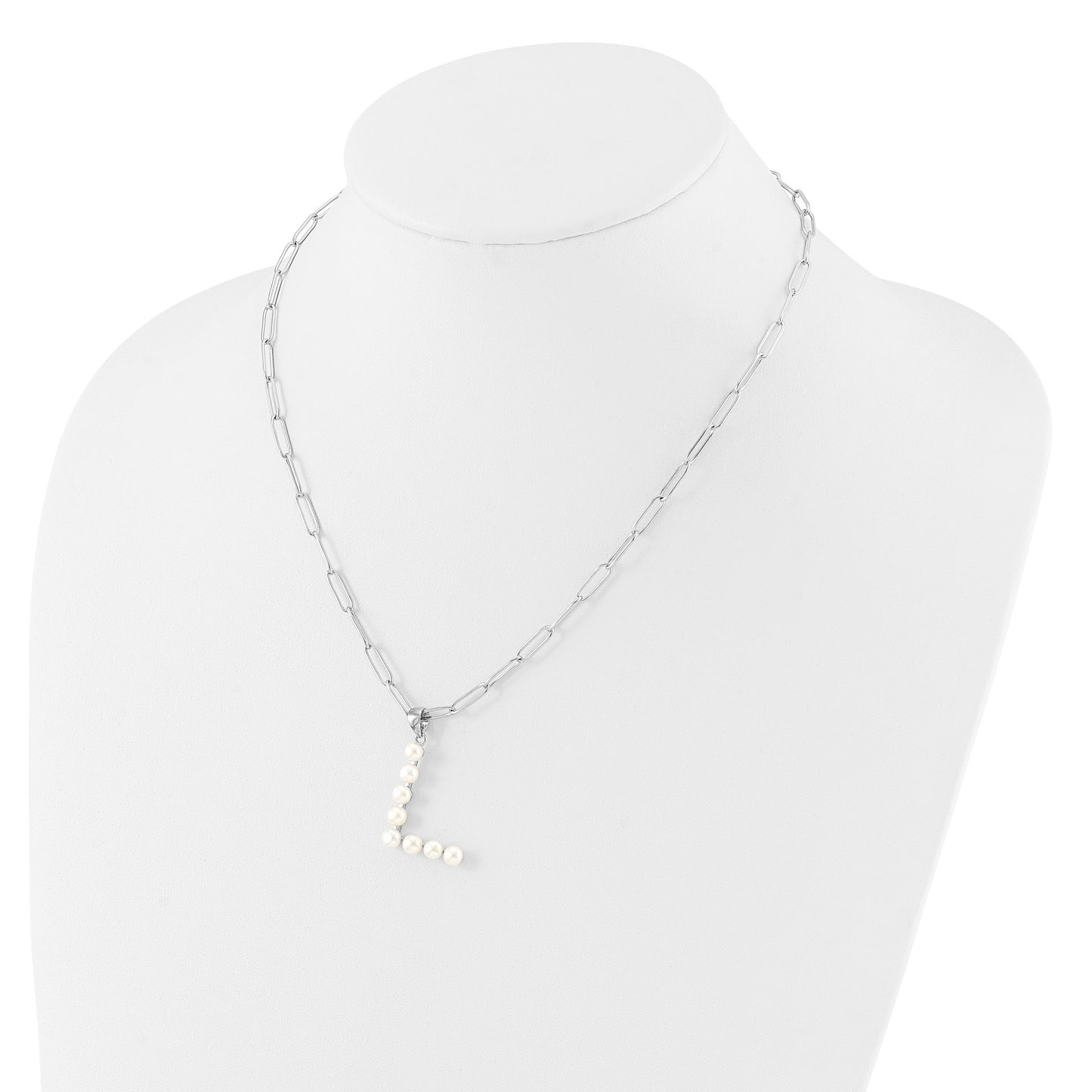 Sterling Silver Rhodium-plated 3-5.5mm White Button Freshwater Cultured Pearl LETTER L 18 inch Necklace