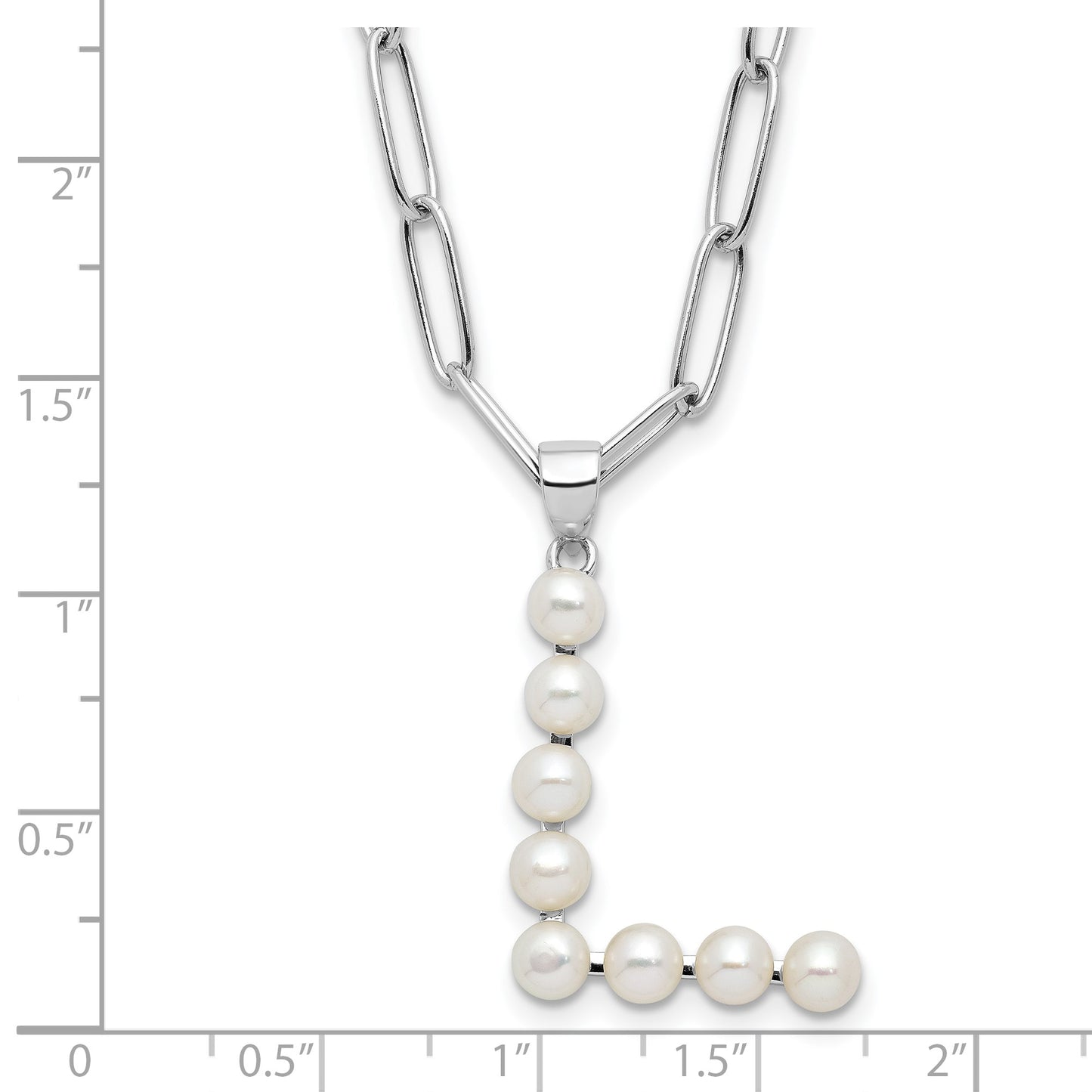Sterling Silver Rhodium-plated 3-5.5mm White Button Freshwater Cultured Pearl LETTER L 18 inch Necklace