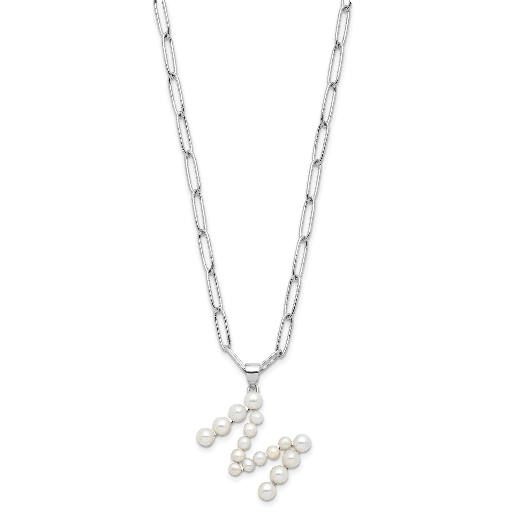 Sterling Silver Rhodium-plated 3-5.5mm White Button Freshwater Cultured Pearl LETTER M 18 inch Necklace