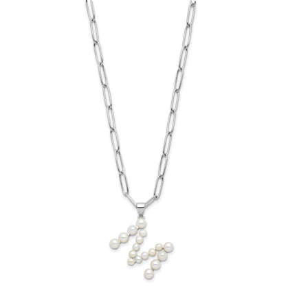 Sterling Silver Rhodium-plated 3-5.5mm White Button Freshwater Cultured Pearl LETTER M 18 inch Necklace