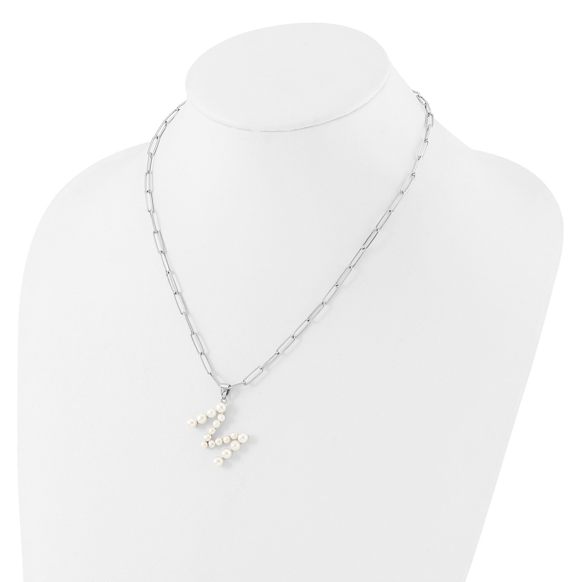 Sterling Silver Rhodium-plated 3-5.5mm White Button Freshwater Cultured Pearl LETTER M 18 inch Necklace