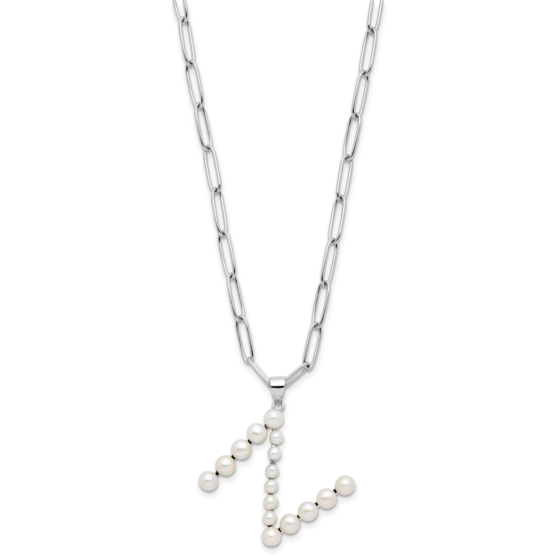 Sterling Silver Rhodium-plated 3-5.5mm White Button Freshwater Cultured Pearl LETTER N 18 inch Necklace