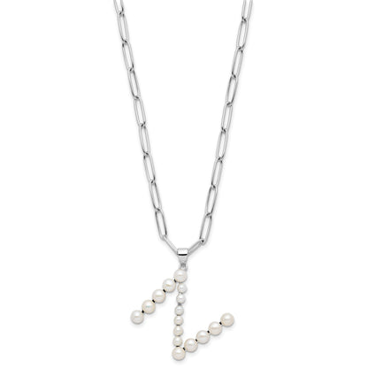 Sterling Silver Rhodium-plated 3-5.5mm White Button Freshwater Cultured Pearl LETTER N 18 inch Necklace