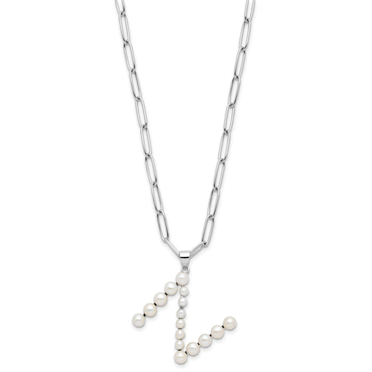 Sterling Silver Rhodium-plated 3-5.5mm White Button Freshwater Cultured Pearl LETTER N 18 inch Necklace