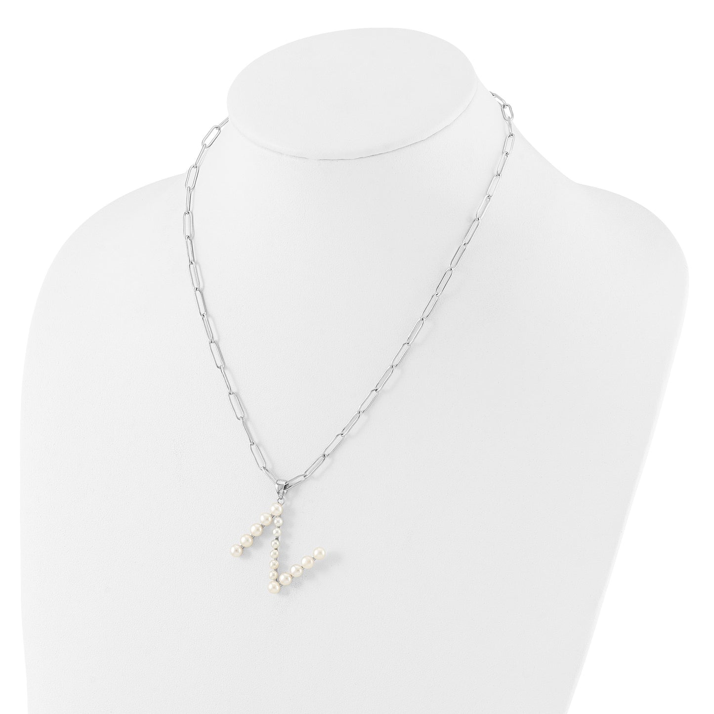 Sterling Silver Rhodium-plated 3-5.5mm White Button Freshwater Cultured Pearl LETTER N 18 inch Necklace