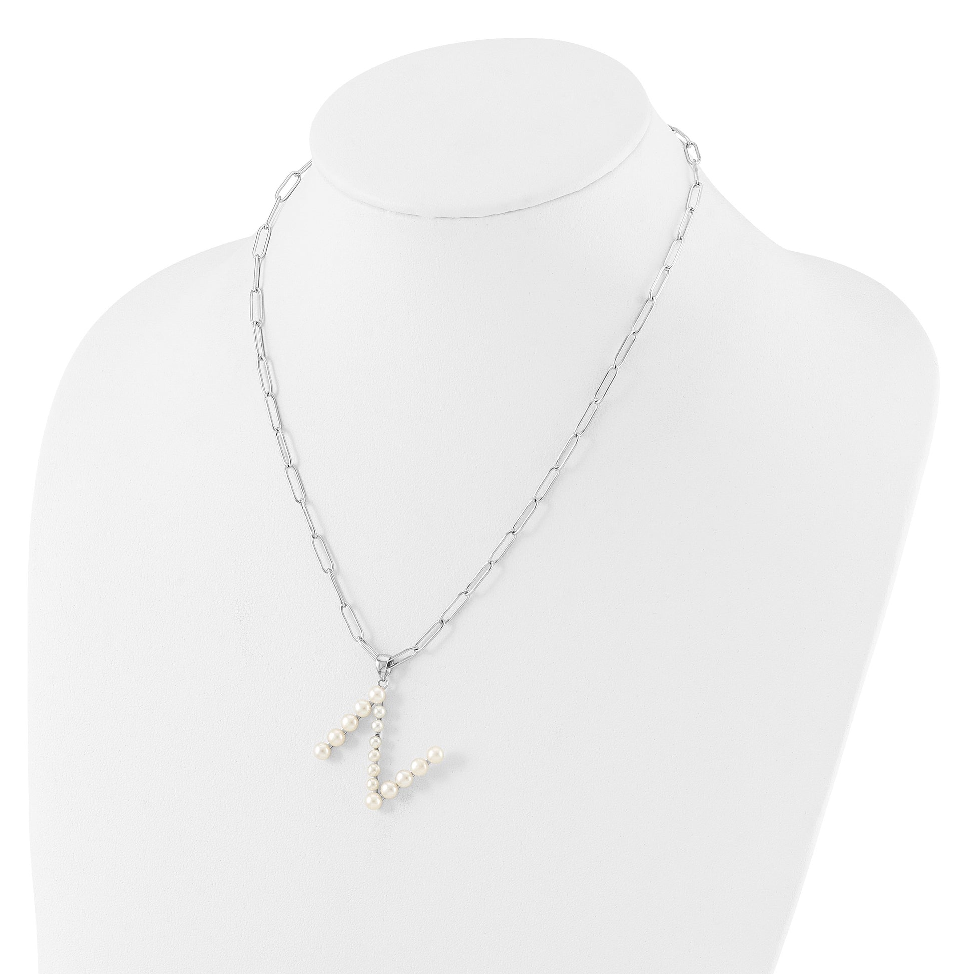 Sterling Silver Rhodium-plated 3-5.5mm White Button Freshwater Cultured Pearl LETTER N 18 inch Necklace