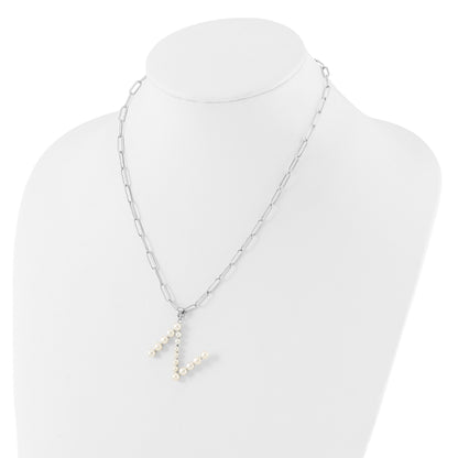 Sterling Silver Rhodium-plated 3-5.5mm White Button Freshwater Cultured Pearl LETTER N 18 inch Necklace