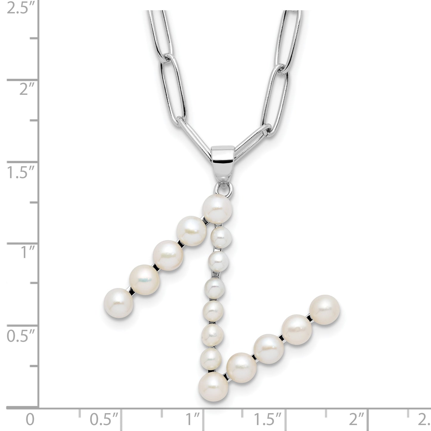 Sterling Silver Rhodium-plated 3-5.5mm White Button Freshwater Cultured Pearl LETTER N 18 inch Necklace