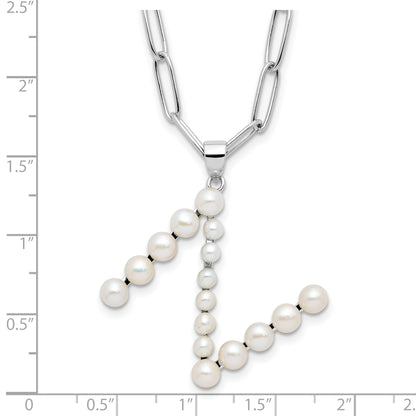 Sterling Silver Rhodium-plated 3-5.5mm White Button Freshwater Cultured Pearl LETTER N 18 inch Necklace