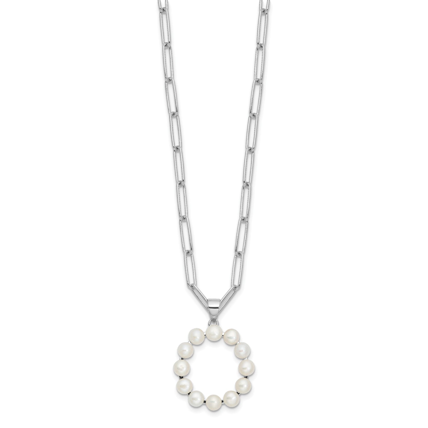 Sterling Silver Rhodium-plated 3-5.5mm White Button Freshwater Cultured Pearl LETTER O 18 inch Necklace