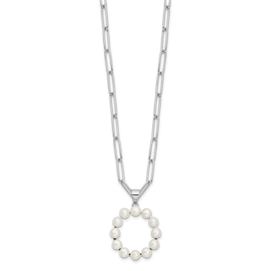 Sterling Silver Rhodium-plated 3-5.5mm White Button Freshwater Cultured Pearl LETTER O 18 inch Necklace