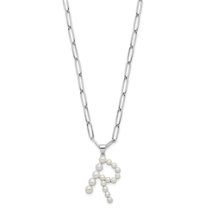 Sterling Silver Rhodium-plated 3-5.5mm White Button Freshwater Cultured Pearl LETTER R 18 inch Necklace