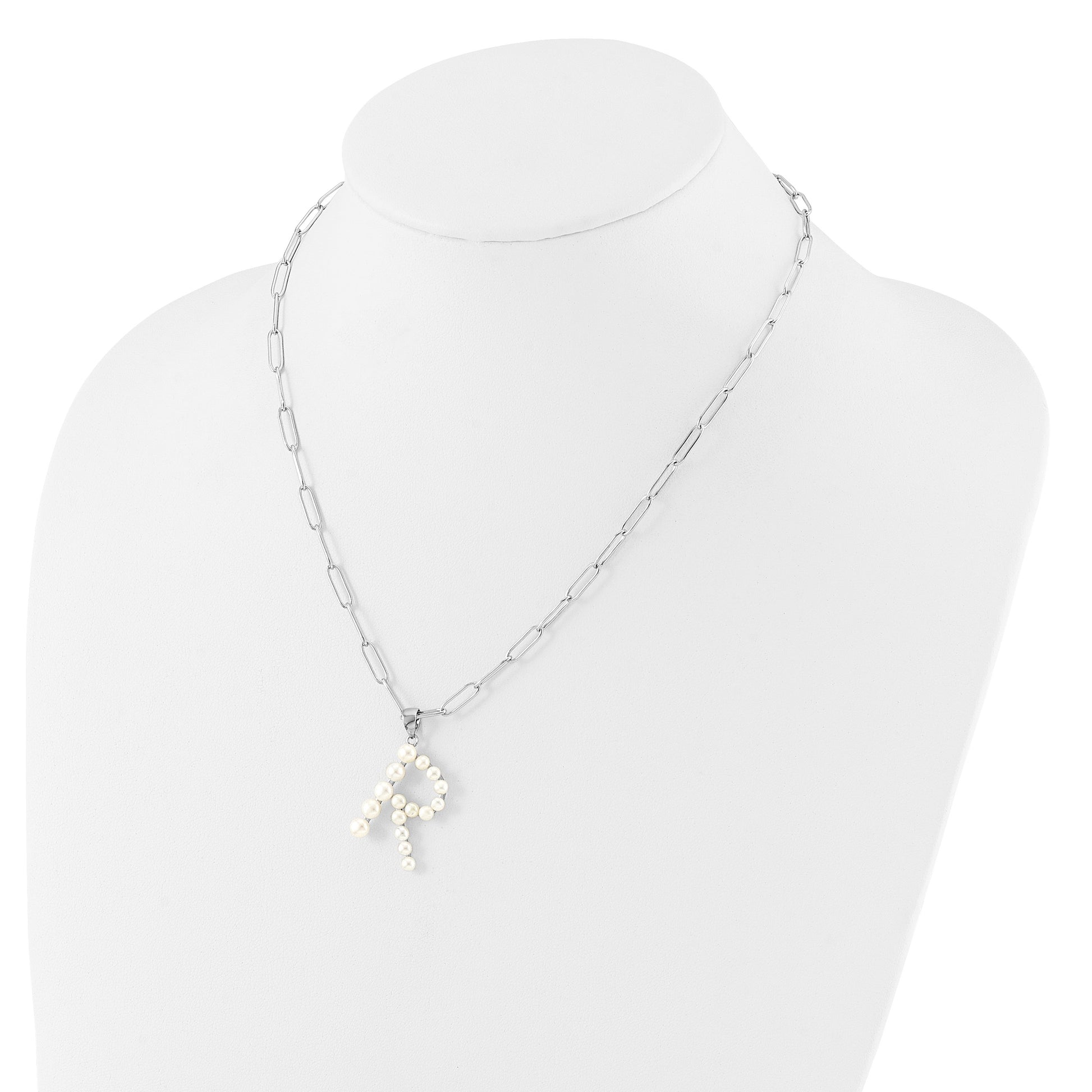 Sterling Silver Rhodium-plated 3-5.5mm White Button Freshwater Cultured Pearl LETTER R 18 inch Necklace