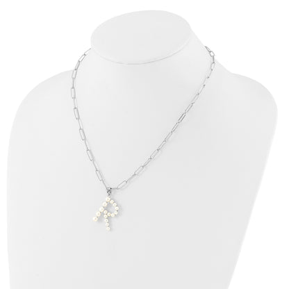 Sterling Silver Rhodium-plated 3-5.5mm White Button Freshwater Cultured Pearl LETTER R 18 inch Necklace