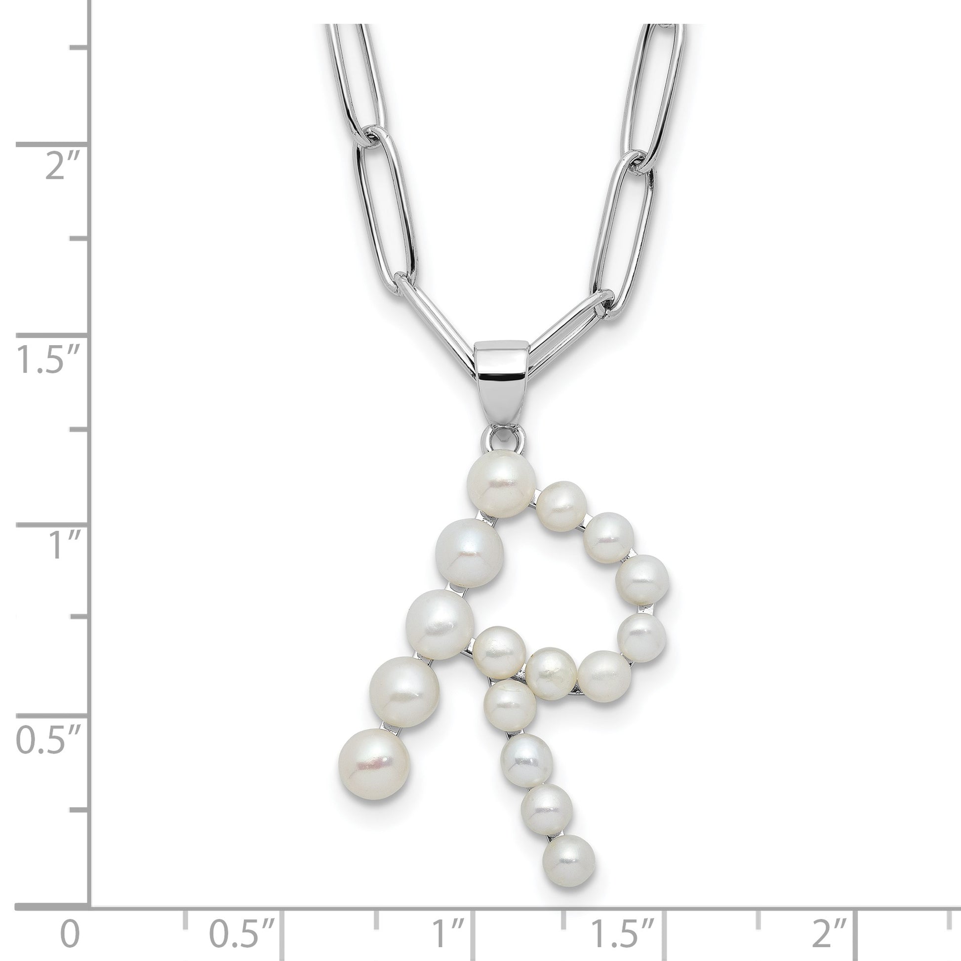 Sterling Silver Rhodium-plated 3-5.5mm White Button Freshwater Cultured Pearl LETTER R 18 inch Necklace