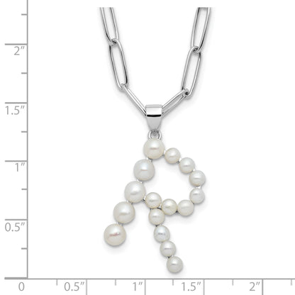 Sterling Silver Rhodium-plated 3-5.5mm White Button Freshwater Cultured Pearl LETTER R 18 inch Necklace