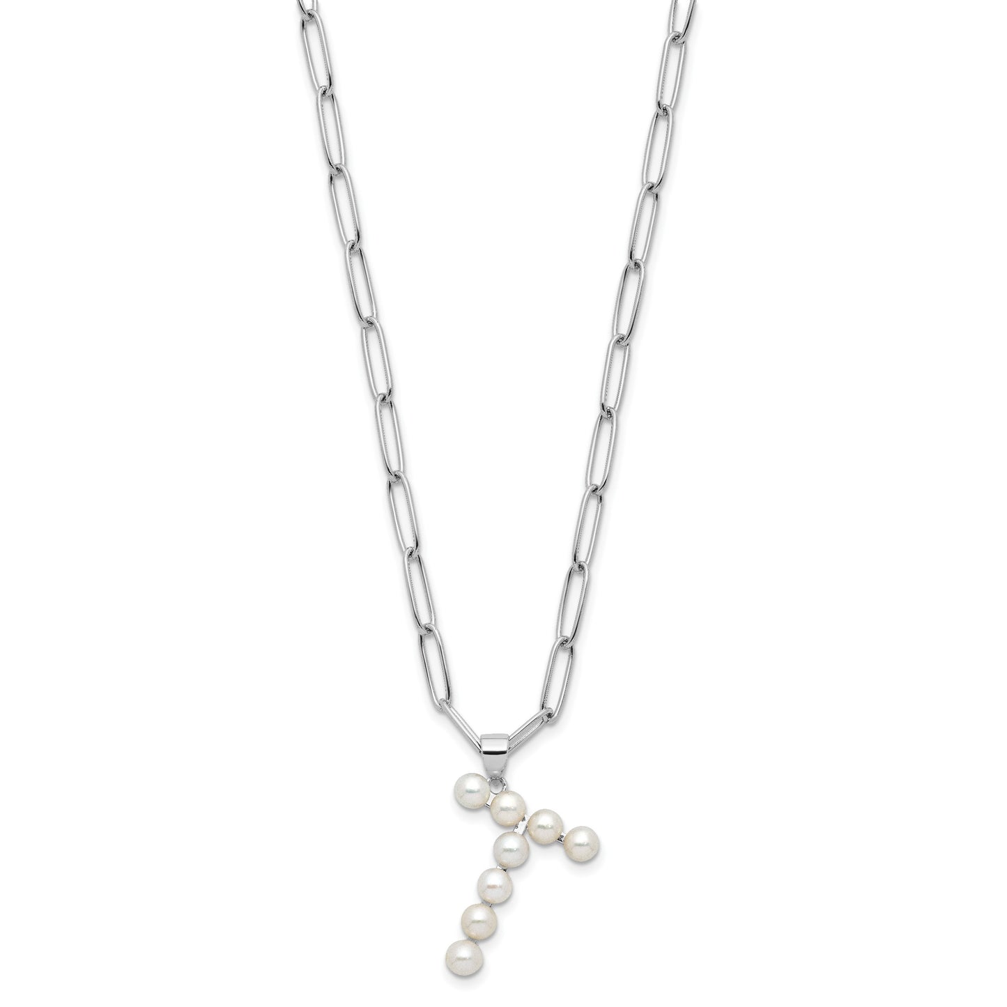 Sterling Silver Rhodium-plated 3-5.5mm White Button Freshwater Cultured Pearl LETTER T 18 inch Necklace