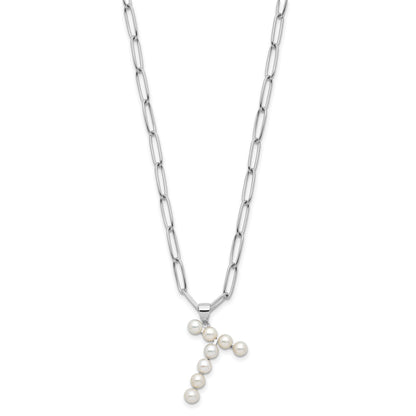 Sterling Silver Rhodium-plated 3-5.5mm White Button Freshwater Cultured Pearl LETTER T 18 inch Necklace