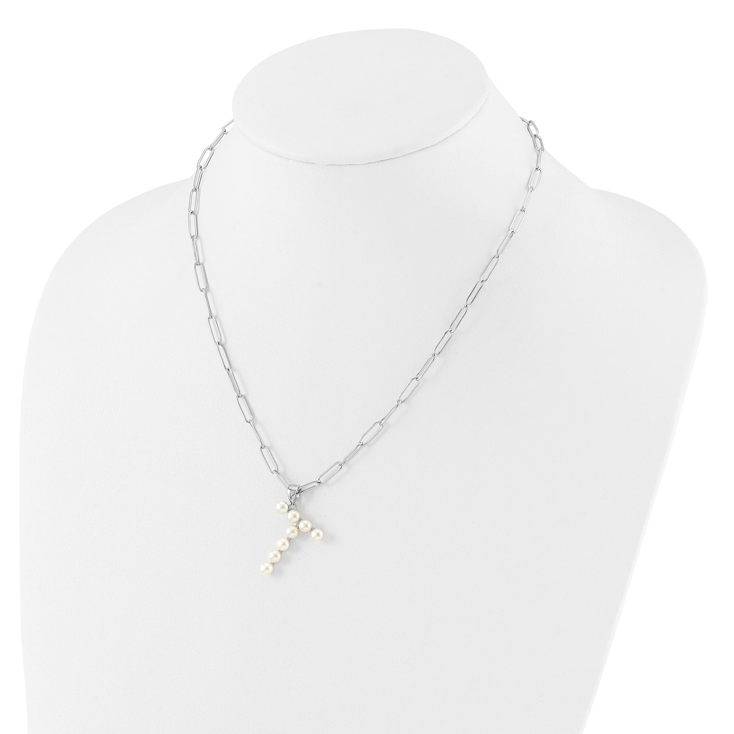 Sterling Silver Rhodium-plated 3-5.5mm White Button Freshwater Cultured Pearl LETTER T 18 inch Necklace