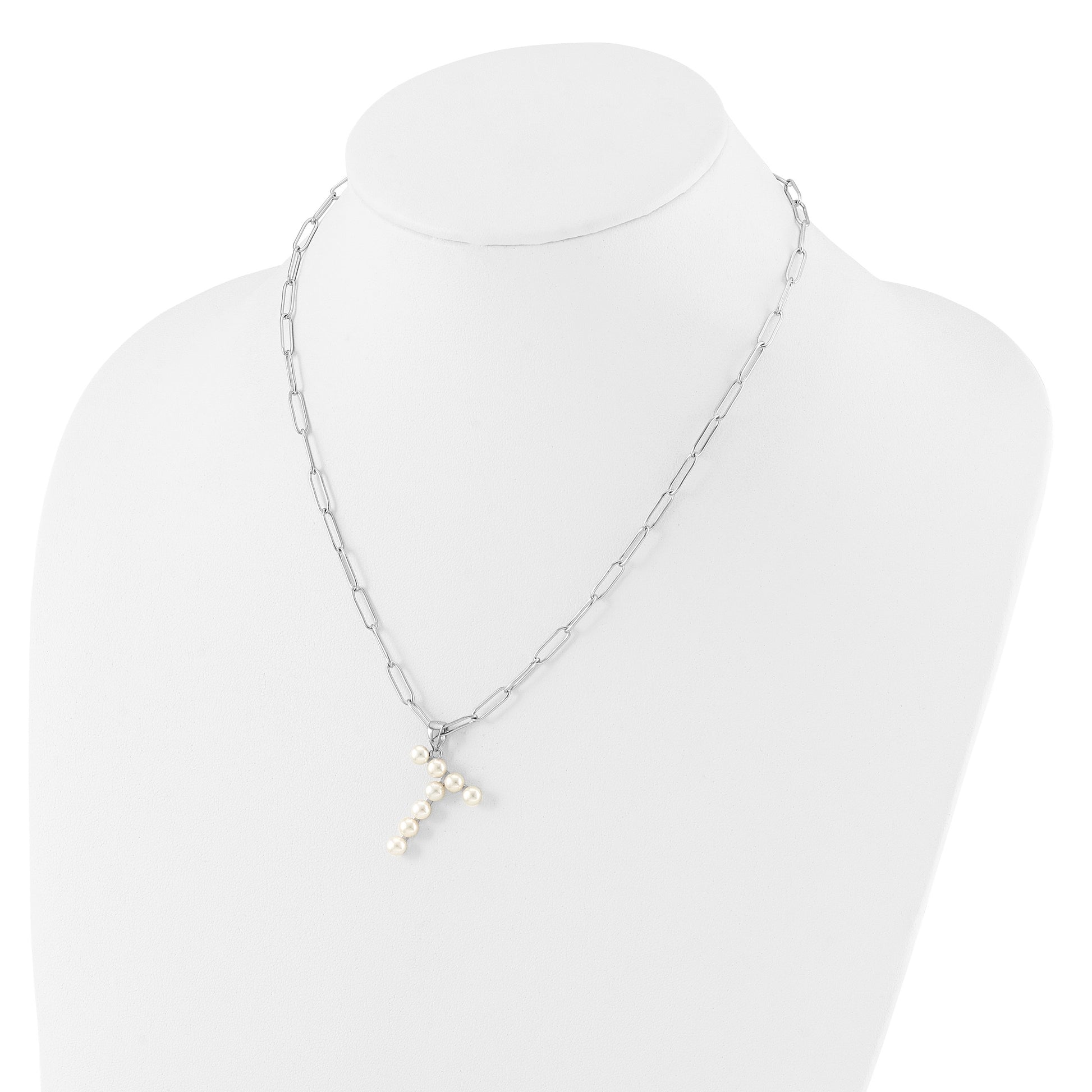 Sterling Silver Rhodium-plated 3-5.5mm White Button Freshwater Cultured Pearl LETTER T 18 inch Necklace