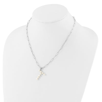 Sterling Silver Rhodium-plated 3-5.5mm White Button Freshwater Cultured Pearl LETTER T 18 inch Necklace