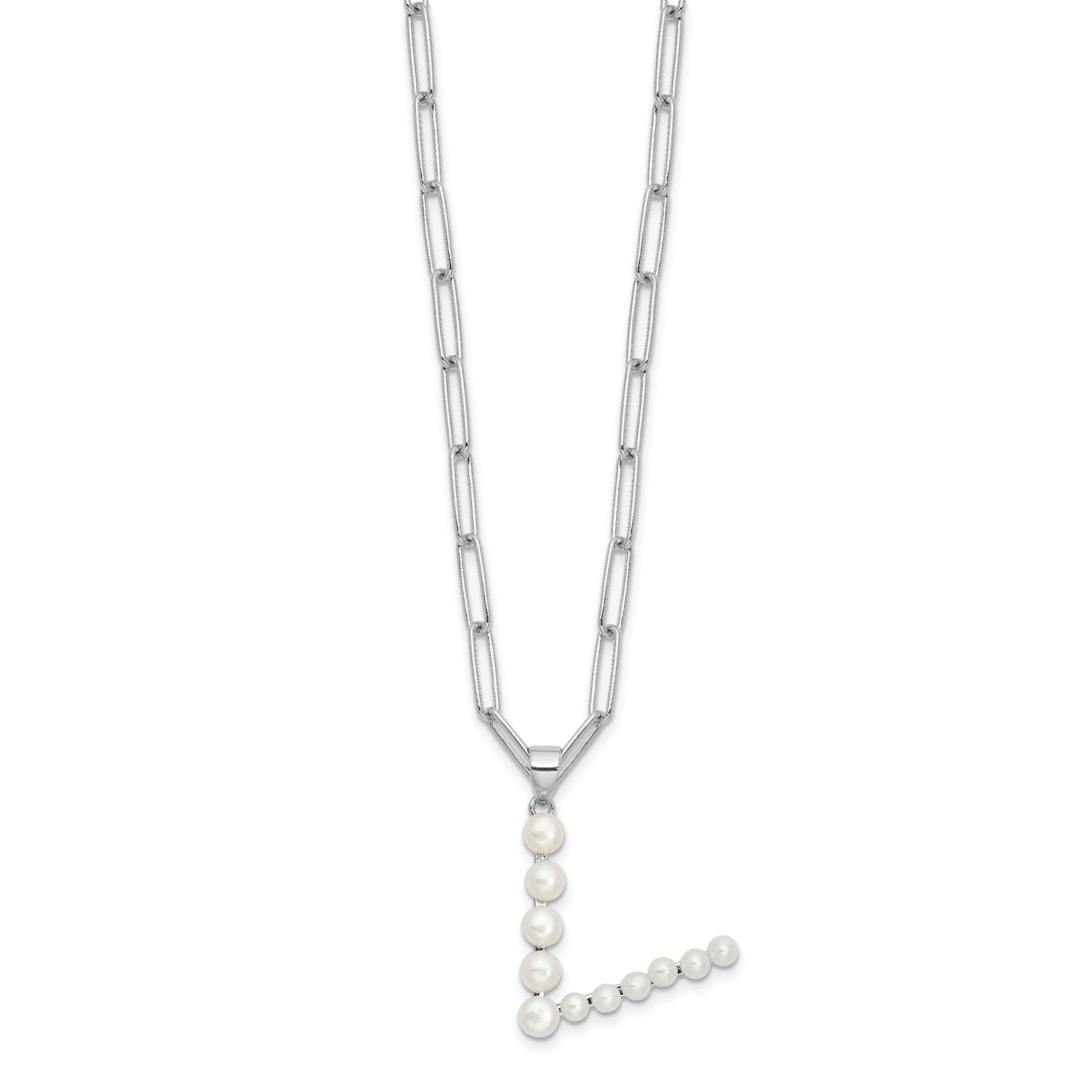 Sterling Silver Rhodium-plated 3-5.5mm White Button Freshwater Cultured Pearl LETTER V 18 inch Necklace