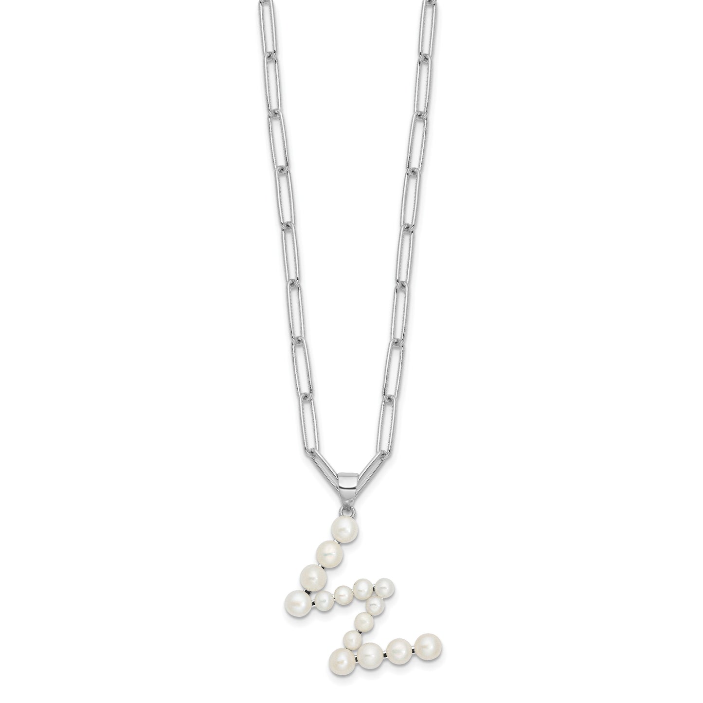 Sterling Silver Rhodium-plated 3-5.5mm White Button Freshwater Cultured Pearl LETTER W 18 inch Necklace